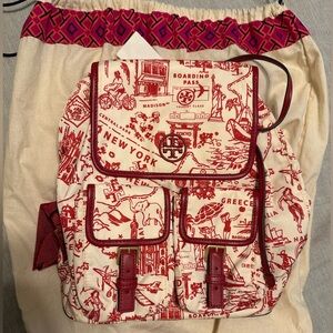 Tory Burch Red and Cream Printed Backpack